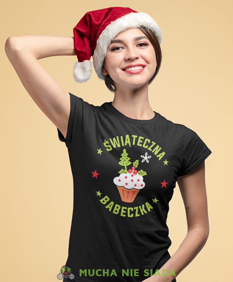 świąteczna babeczka, czarna damska koszulka z nadrukiem na prezent, fajna koszulka, dla dziewczyny dla żony, wesołych świąt, koszulka świąteczna, mucha nie siada.jpg