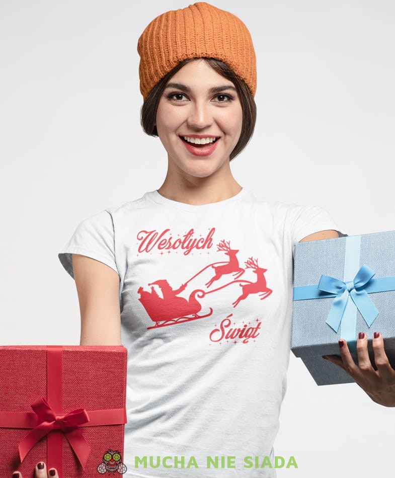 wesołych świąt koszulka świąteczna, biała damska koszulka z nadrukiem na prezent, fajna koszulka, dla dziewczyny dla żony, wesołych świąt, bałwan koszulka świąteczna, mucha nie siada.jpg