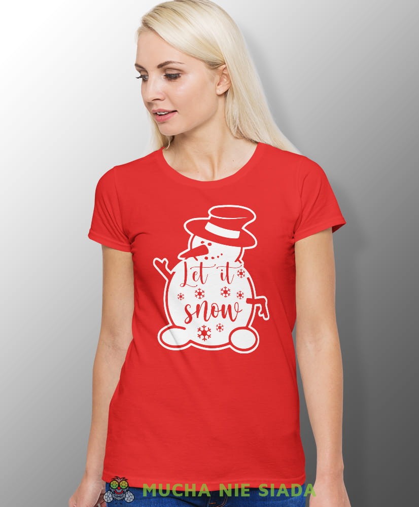 let it snow, czerwona damska koszulka z nadrukiem na prezent, fajna koszulka, dla dziewczyny dla żony, wesołych świąt, bałwan koszulka świąteczna, mucha nie siada.jpg