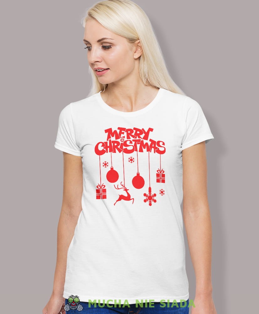 merry christmas, biała damska koszulka z nadrukiem na prezent, fajna koszulka, dla dziewczyny dla żony, wesołych świąt, bałwan koszulka świąteczna, mucha nie siada.jpg