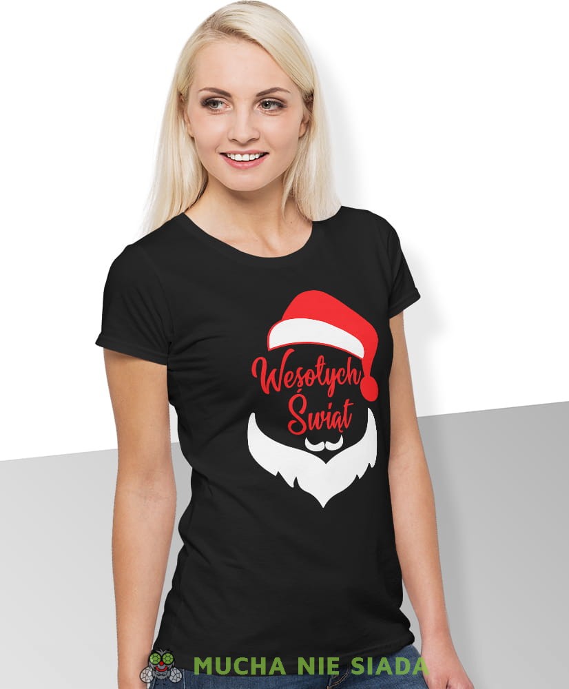 wesołych świąt Mikołaj, czarna damska koszulka z nadrukiem na prezent, fajna koszulka, dla dziewczyny dla żony, wesołych świąt, bałwan koszulka świąteczna, mucha nie siada.jpg