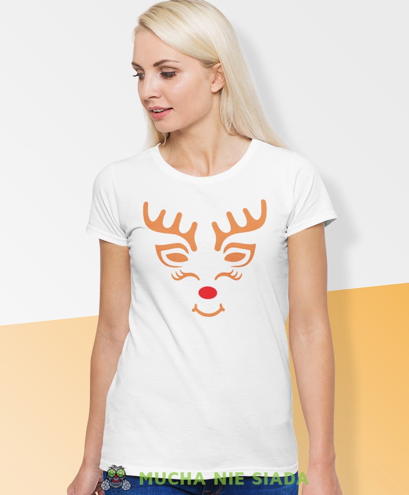 reniferka, biała damska koszulka z nadrukiem na prezent, fajna koszulka, dla dziewczyny dla żony, wesołych świąt, bałwan koszulka świąteczna, mucha nie siada.jpg