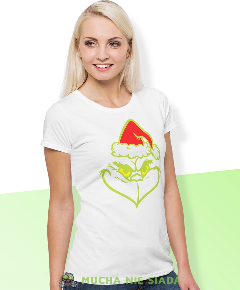 grinch, biała damska koszulka z nadrukiem na prezent, fajna koszulka, dla dziewczyny dla żony, wesołych świąt, bałwan koszulka świąteczna, mucha nie siada.jpg