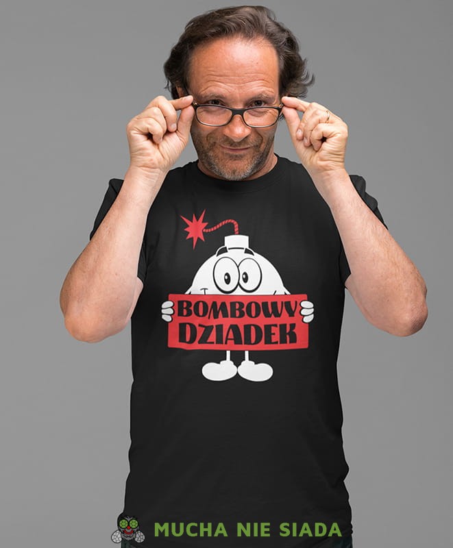 bombowy dziadek, czarna koszulka męska dla dziadka, na urodziny, na dzień dziadka, na prezent, mucha nie siada.jpg