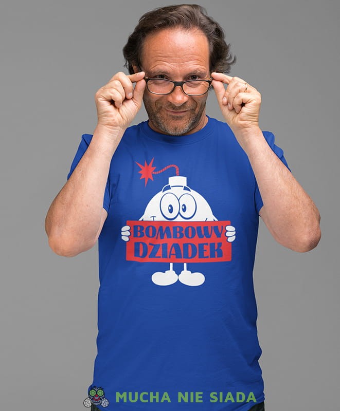 bombowy dziadek, niebieska koszulka męska dla dziadka, na urodziny, na dzień dziadka, na prezent, mucha nie siada.jpg