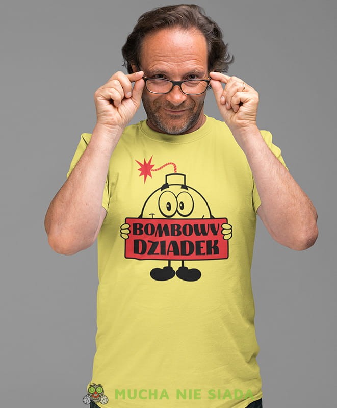 bombowy dziadek, żółta koszulka męska dla dziadka, na urodziny, na dzień dziadka, na prezent, mucha nie siada.jpg