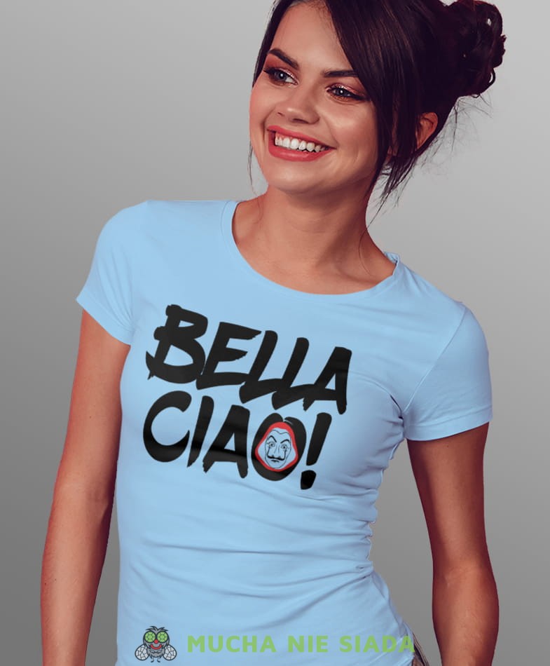 bella ciao! maska dom z papieru, jasnoniebieska damska koszulka z nadrukiem na prezent dla dziewczyny dla żony.jpg