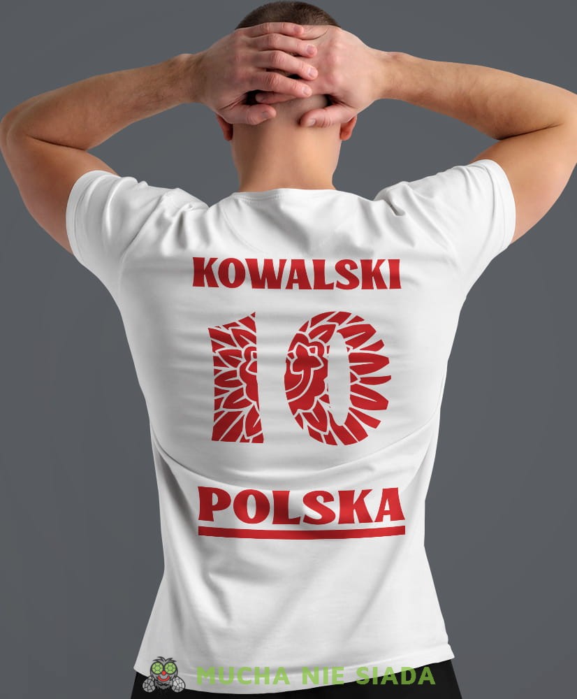 Polska, Orzeł Polski, imię, numer 10, biała męska koszulka z nadrukiem, koszulka kibica, koszulki z grafiką patriotyczną, na prezent, koszulka Polska, koszulki Polski.jpg