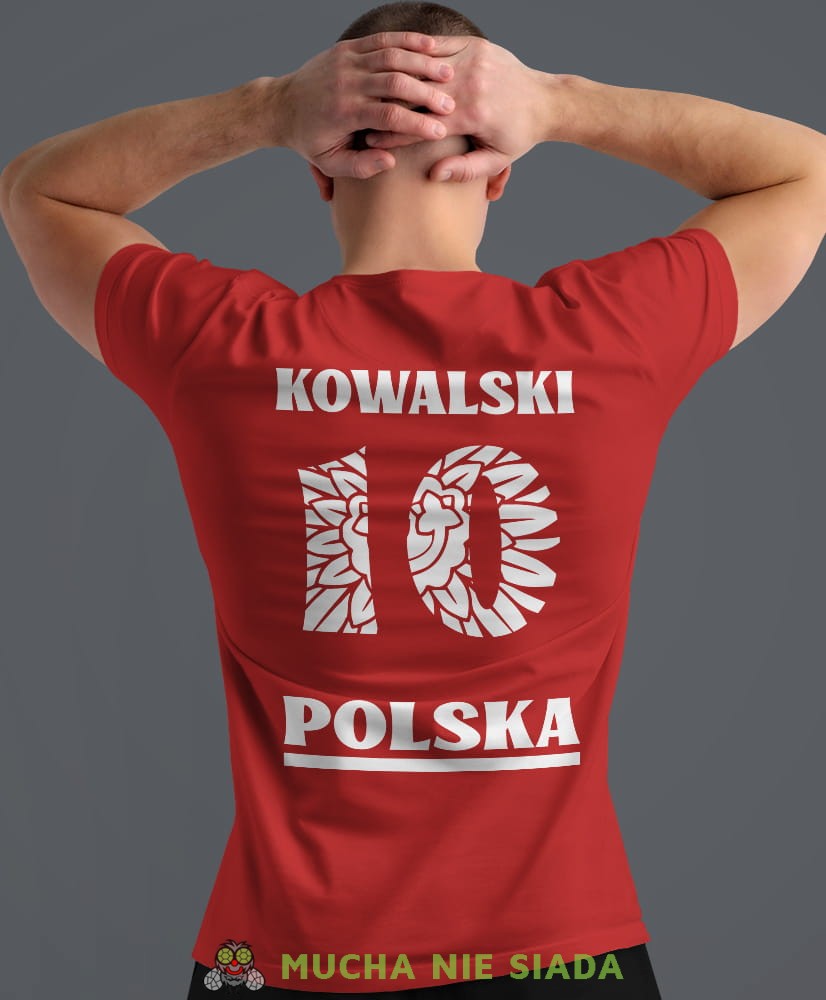 Polska, Orzeł Polski, imię, numer 10, czerwona męska koszulka z nadrukiem, koszulka kibica, koszulki z grafiką patriotyczną, na prezent, koszulka Polska, koszulki Polski.jpg