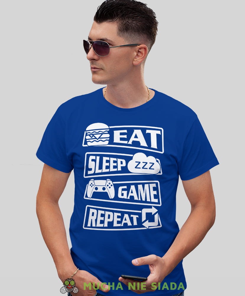 eat sleep game repeat, niebieska koszulka dla gracza, męska koszulka dla fanów gier komputerowych, koszulki dla graczy, video gry, konsola do gier, gry komputerowe, pad, mucha nie siada, mns.jpg