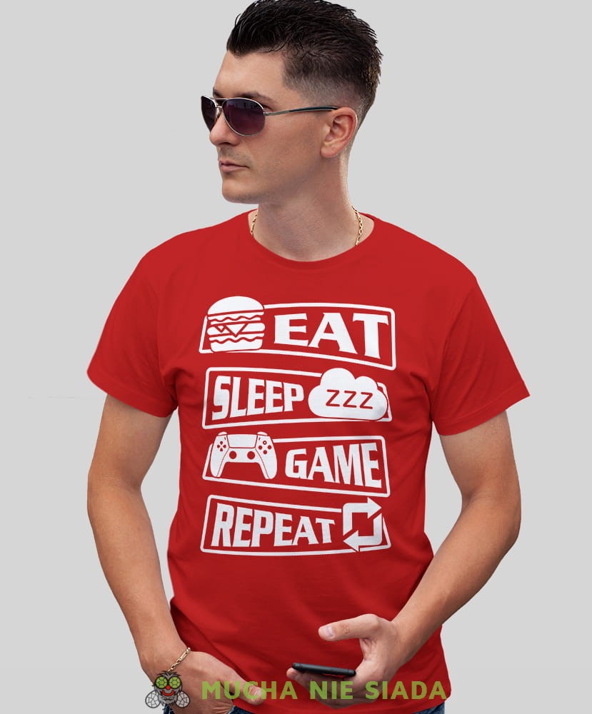 eat sleep game repeat, czerwona koszulka dla gracza, męska koszulka dla fanów gier komputerowych, koszulki dla graczy, video gry, konsola do gier, gry komputerowe, pad, mucha nie siada, mns.jpg