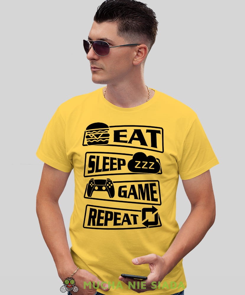 eat sleep game repeat, żółta koszulka dla gracza, męska koszulka dla fanów gier komputerowych, koszulki dla graczy, video gry, konsola do gier, gry komputerowe, pad, mucha nie siada, mns.jpg