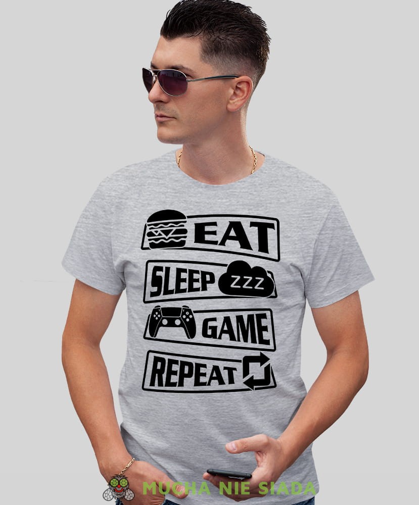 eat sleep game repeat, szara koszulka dla gracza, męska koszulka dla fanów gier komputerowych, koszulki dla graczy, video gry, konsola do gier, gry komputerowe, pad, mucha nie siada, mns.jpg