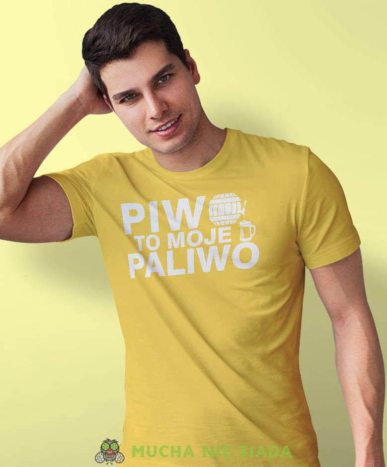 piwo to moje paliwo, żółta męska koszulka z nadrukiem na co dzień, na prezent, fajna koszulka.jpg