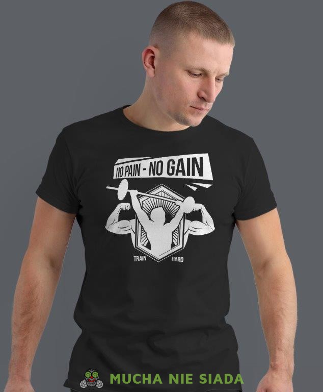 no pain no gain train hard, czarna koszulka na siłownię, męska koszulka, koszulka sportowa, na sport, gym, na siłownię.jpg