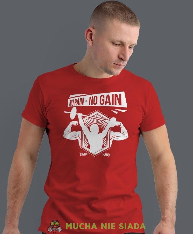 no pain no gain train hard, czerwona koszulka na siłownię, męska koszulka, koszulka sportowa, na sport, gym, na siłownię.jpg