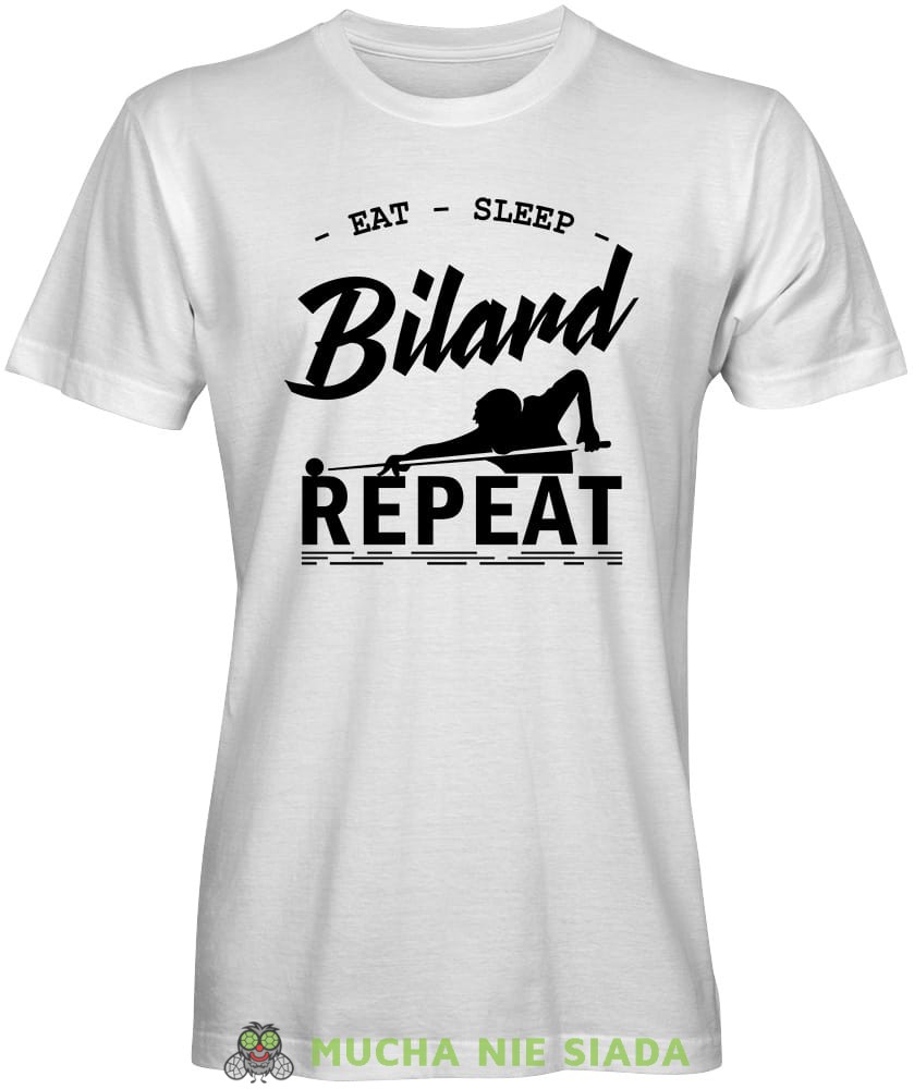 eat sleep bilard repeat bilardzista, męska biała koszulka,  koszulka dla bilardzisty, koszulka na bilard, dla chłopaka, dla męża, dla niego, na prezent, mucha nie siada, mns.jpg