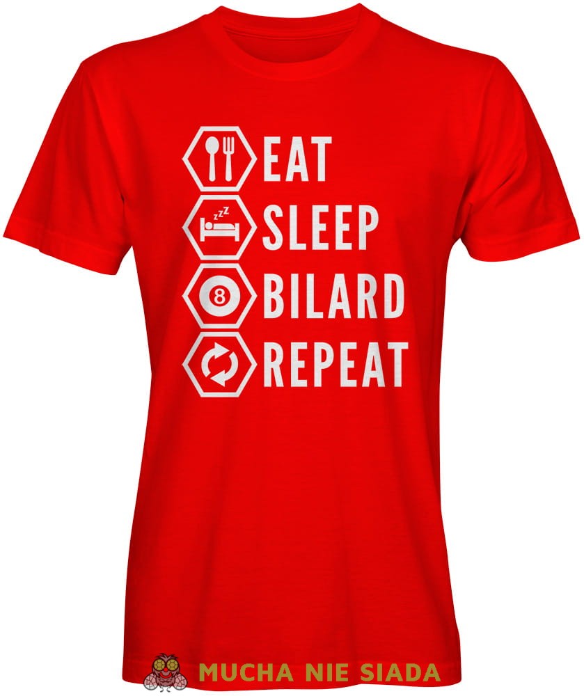 eat sleep bilard repeat, męska czerwona koszulka,  koszulka dla bilardzisty, koszulka na bilard, dla chłopaka, dla męża, dla niego, na prezent, mucha nie siada, mns.jpg