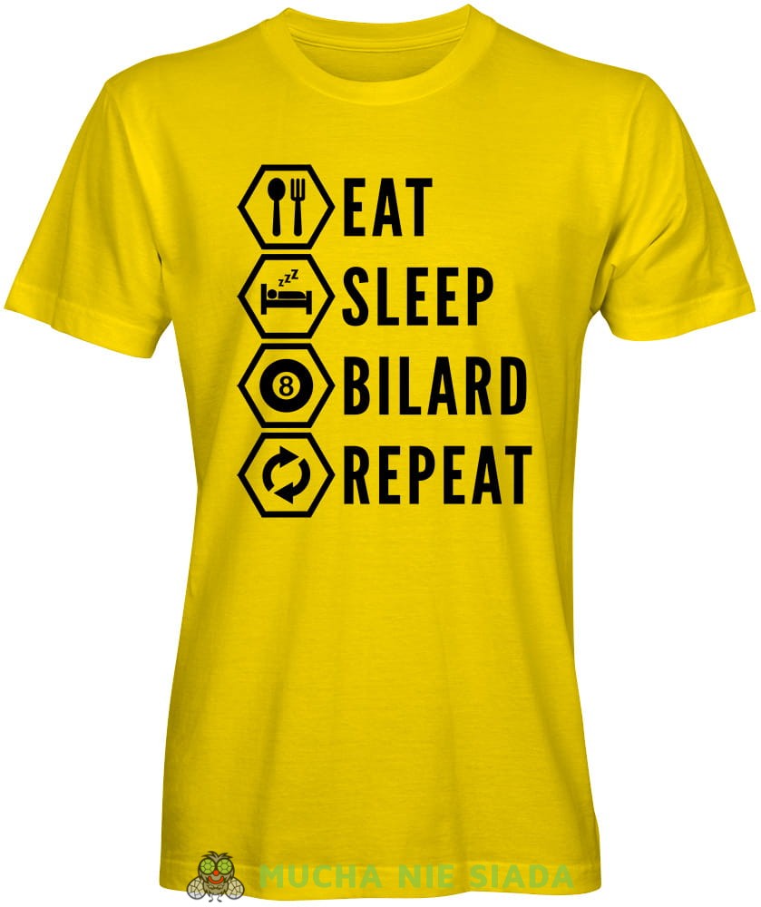 eat sleep bilard repeat, męska żółta koszulka,  koszulka dla bilardzisty, koszulka na bilard, dla chłopaka, dla męża, dla niego, na prezent, mucha nie siada, mns.jpg