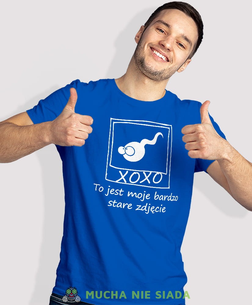 to jest moje bardzo stare zdjęcie, niebieska męska koszulka z nadrukiem na co dzień, na prezent, fajna koszulka, dla chłopaka, dla męża, mucha nie siada opis.jpg