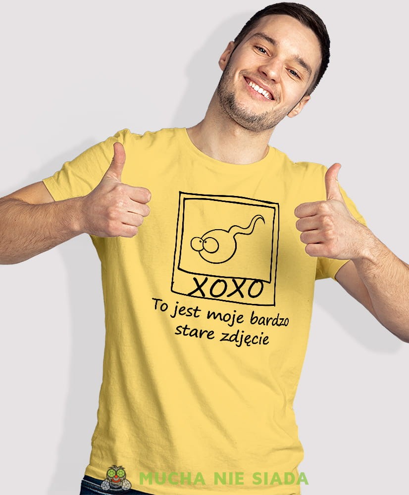 to jest moje bardzo stare zdjęcie, żółta męska koszulka z nadrukiem na co dzień, na prezent, fajna koszulka, dla chłopaka, dla męża, mucha nie siada opis.jpg