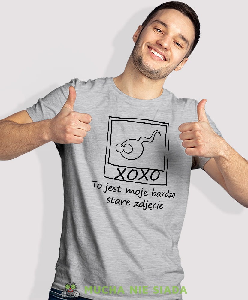 to jest moje bardzo stare zdjęcie, szara męska koszulka z nadrukiem na co dzień, na prezent, fajna koszulka, dla chłopaka, dla męża, mucha nie siada opis.jpg