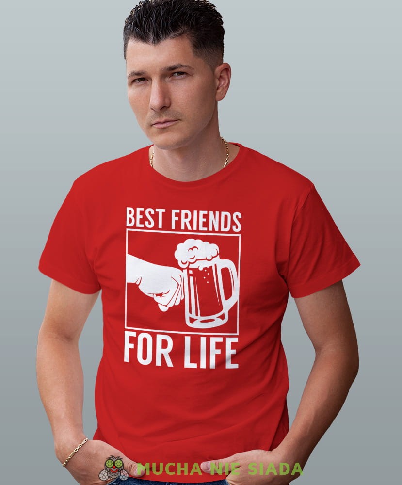 best friends for life, czerwona męska koszulka z nadrukiem na co dzień, na prezent, fajna koszulka, dla chłopaka, dla męża, mucha nie siada opis.jpg