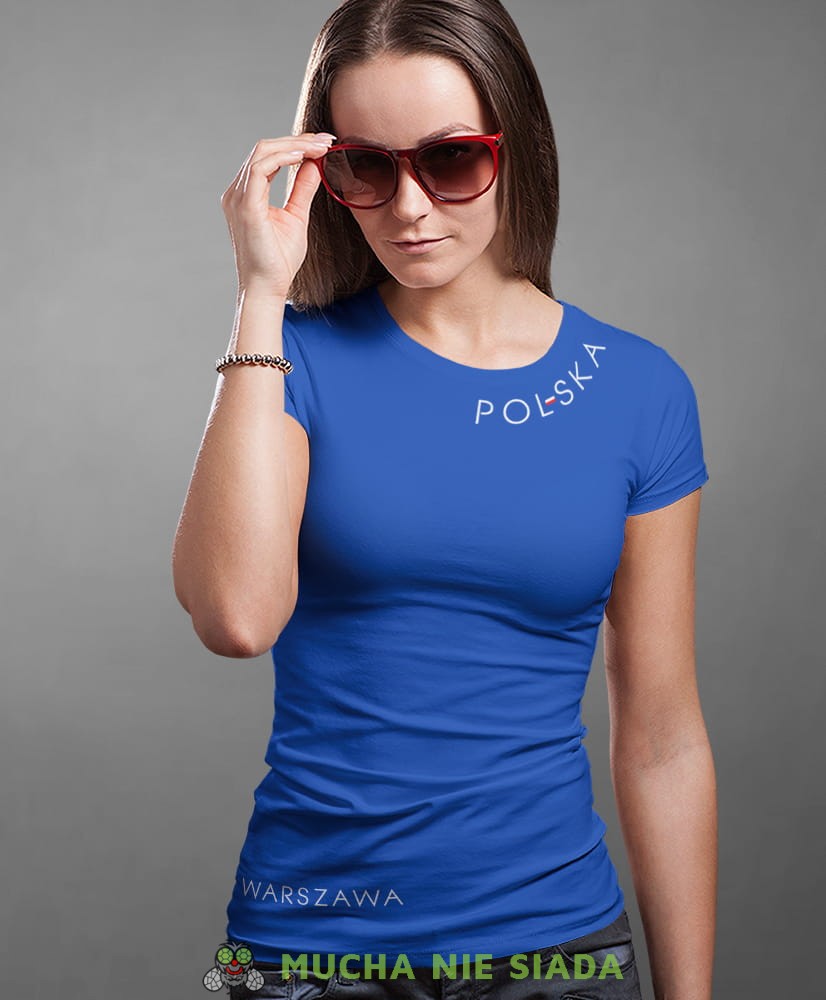 Polska Flaga Miasto, niebieska damska koszulka z nadrukiem, koszulka patriotyczna, koszulki z grafiką patriotyczną, dla kobiet, dla dziewczyny na prezent, koszulka Polska, koszulki Polska.jpg