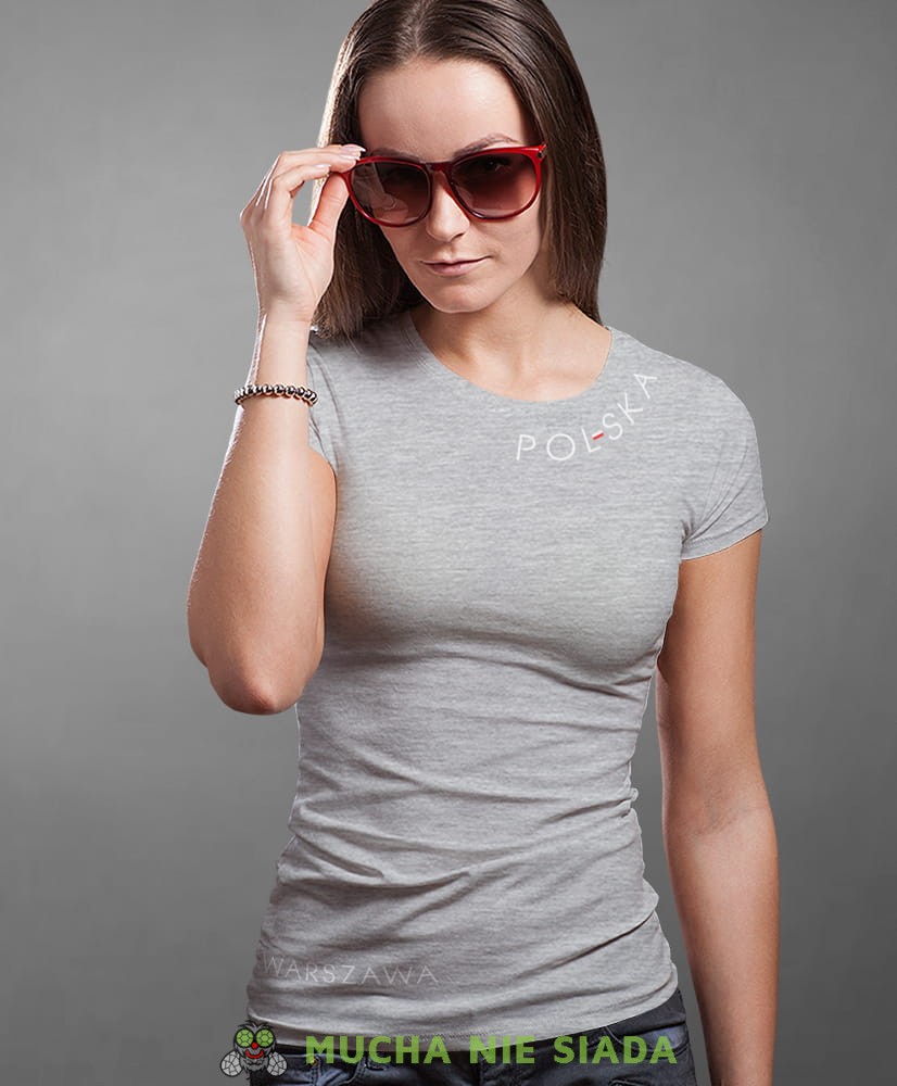 Polska Flaga Miasto, szara damska koszulka z nadrukiem, koszulka patriotyczna, koszulki z grafiką patriotyczną, dla kobiet, dla dziewczyny na prezent, koszulka Polska, koszulki Polska.jpg