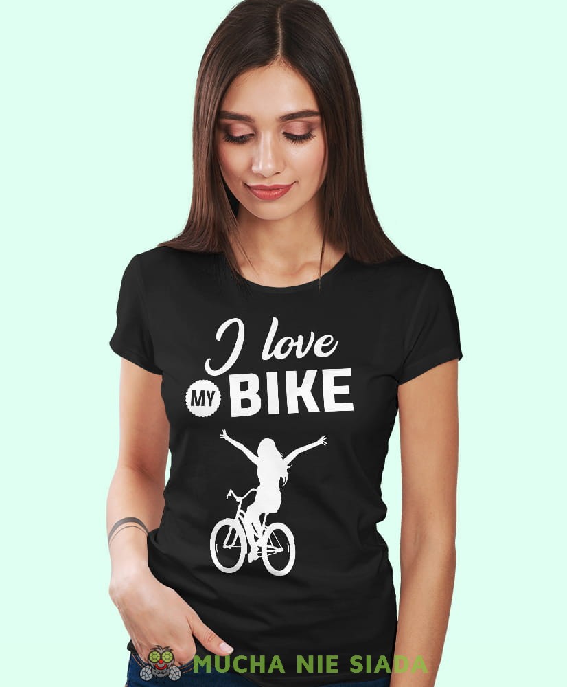 i love my bike, czarna damska koszulka rowerowa z nadrukiem, na rower, fajna koszulka dla rowerzystki, na co dzień, na prezent_.jpg