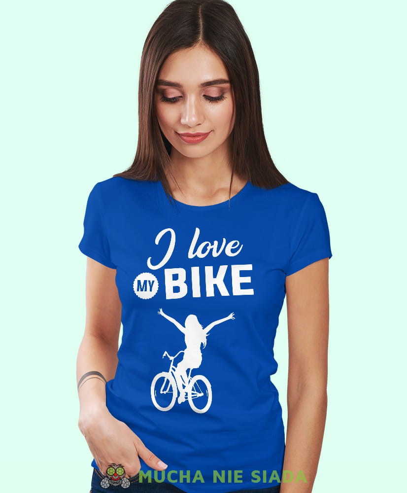 i love my bike, niebieska damska koszulka rowerowa z nadrukiem, na rower, fajna koszulka dla rowerzystki, na co dzień, na prezent_.jpg