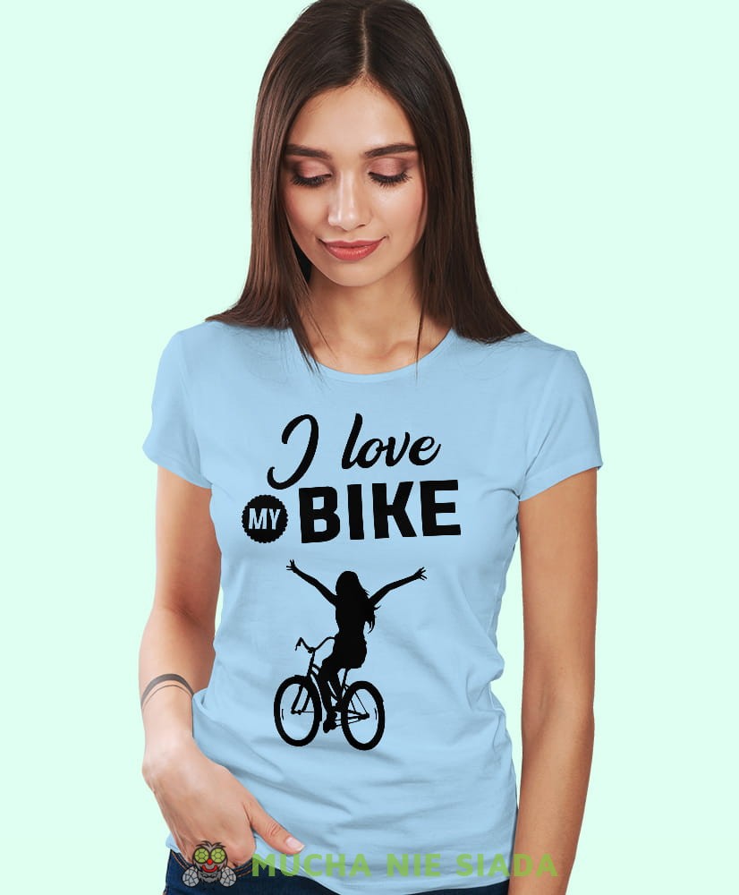 i love my bike, jasnoniebieska damska koszulka rowerowa z nadrukiem, na rower, fajna koszulka dla rowerzystki, na co dzień, na prezent_.jpg