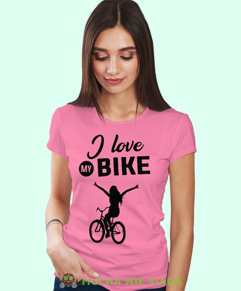 i love my bike, różowa damska koszulka rowerowa z nadrukiem, na rower, fajna koszulka dla rowerzystki, na co dzień, na prezent_.jpg