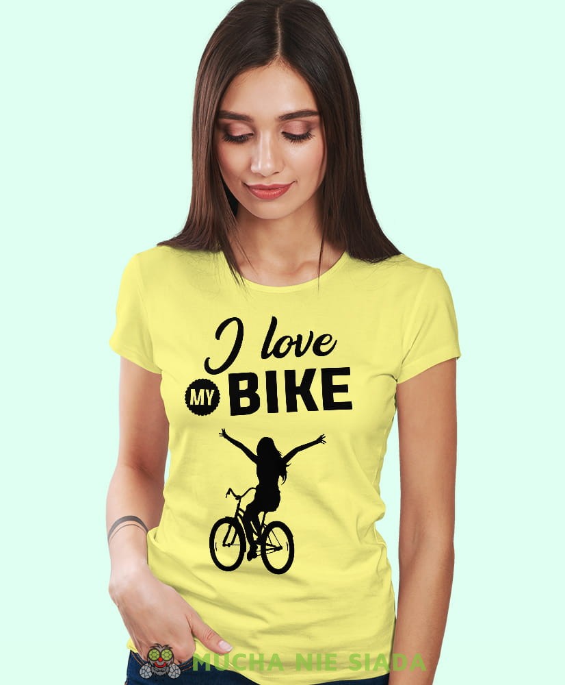i love my bike, żółta damska koszulka rowerowa z nadrukiem, na rower, fajna koszulka dla rowerzystki, na co dzień, na prezent_.jpg