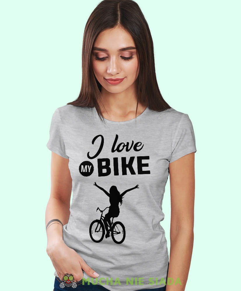 i love my bike, szara damska koszulka rowerowa z nadrukiem, na rower, fajna koszulka dla rowerzystki, na co dzień, na prezent_.jpg