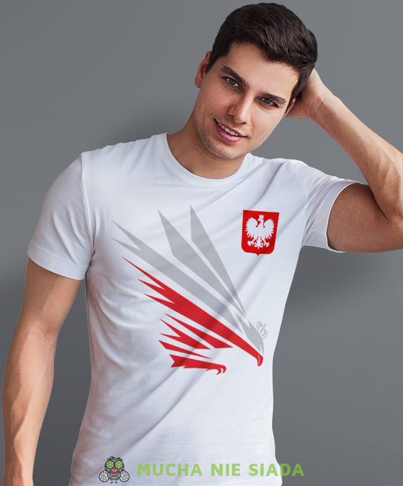 Orzeł  błyskawica godło Polski, biała męska koszulka, koszulka patriotyczna, koszulki z grafiką patriotyczną, dla mężczyzny, dla chłopaka na prezent, koszulka Polska, koszulki Polska.jpg