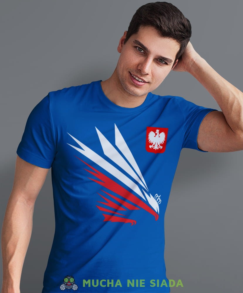 Orzeł  błyskawica godło Polski, niebieska męska koszulka, koszulka patriotyczna, koszulki z grafiką patriotyczną, dla mężczyzny, dla chłopaka na prezent, koszulka Polska, koszulki Polska.jpg