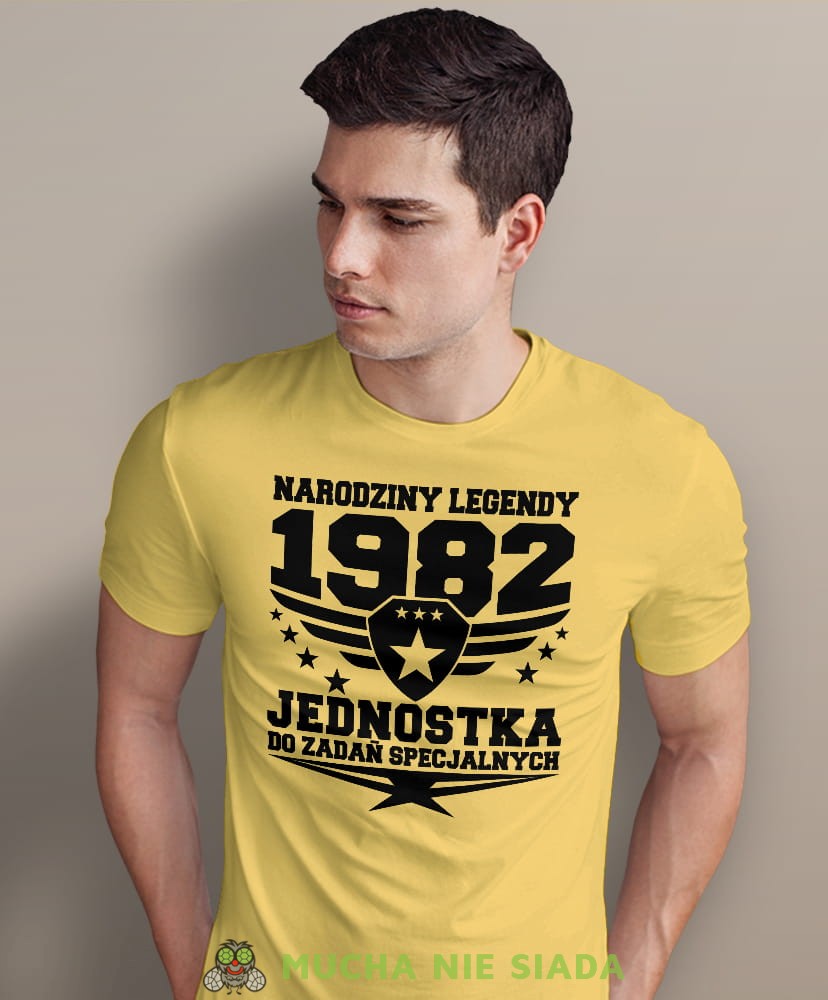 narodziny legendy jednostka do zadań specjalnych, żółta męska koszulka urodzinowa, na urodziny, na prezent, fajna koszulka, dla chłopaka, dla męża, mucha nie siada, mns.jpg