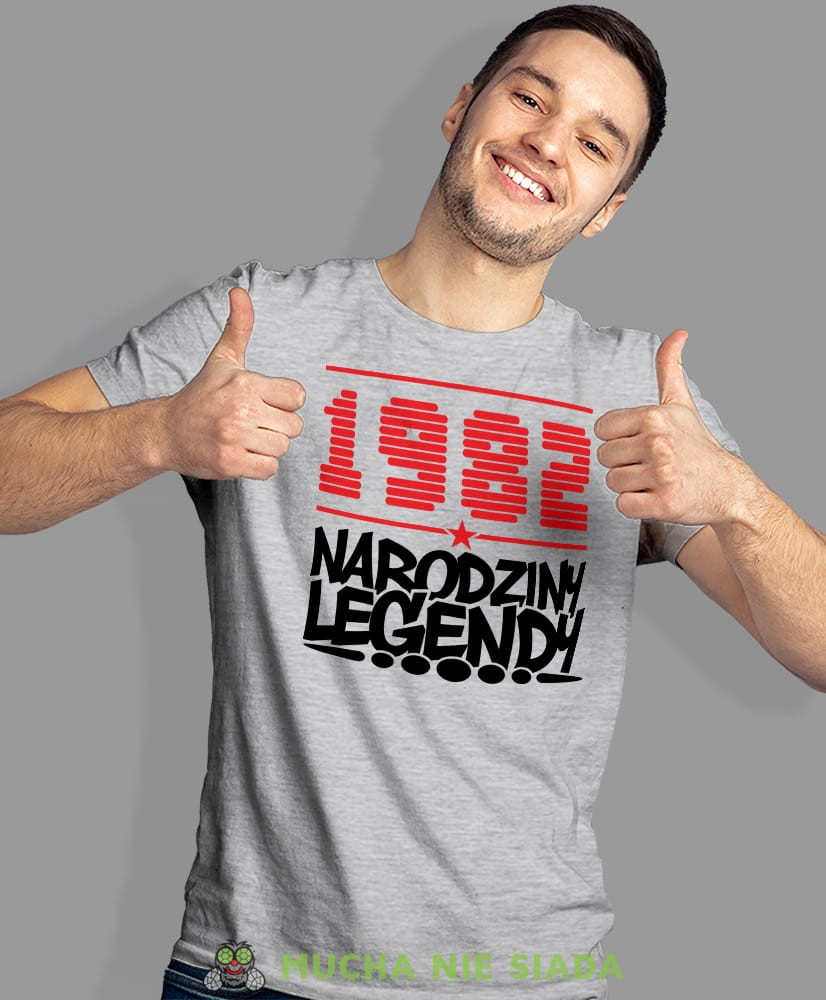 Narodziny legendy Rok urodzenia, szara męska koszulka urodzinowa, na urodziny, na prezent, fajna koszulka, dla chłopaka, dla męża, mucha nie siada, mns.jpg