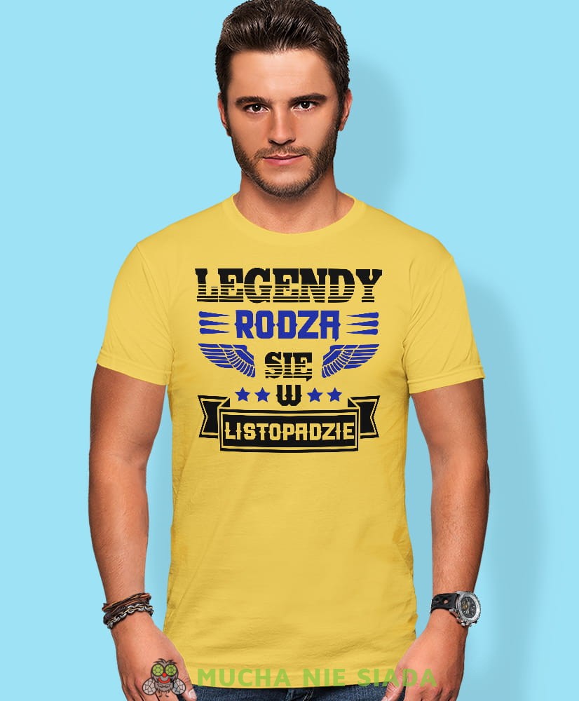 Legendy rodzą się w - Twój miesiąc urodzenia, żółta męska koszulka urodzinowa, na urodziny, na prezent, fajna koszulka, dla chłopaka, dla męża, mucha nie siada, mns.jpg