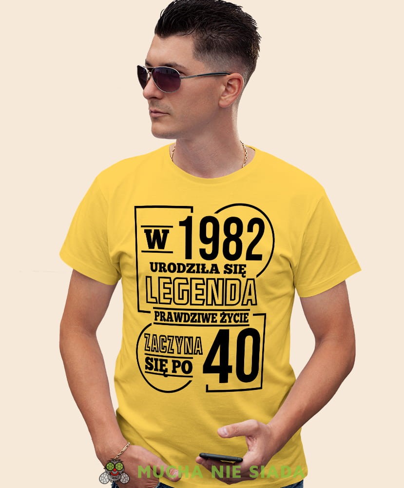 Urodziła się legenda - prawdziwe życie zaczyna się po 20 30 40 50 60 70, żółta męska koszulka urodzinowa, na urodziny, na prezent, fajna koszulka, dla chłopaka, dla męża, mucha nie siada, mns.jpg