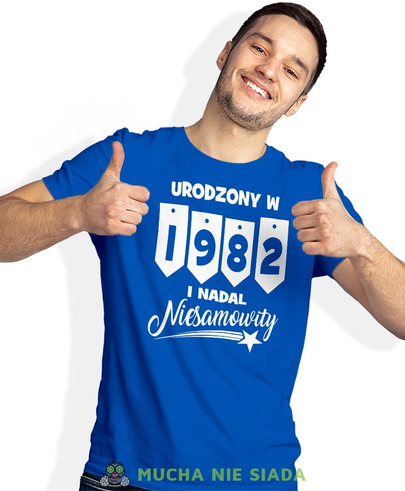 Urodzony w... i nadal niesamowity, niebieska męska koszulka urodzinowa, na urodziny, na prezent, fajna koszulka, dla chłopaka, dla męża, mucha nie siada, mns.jpg
