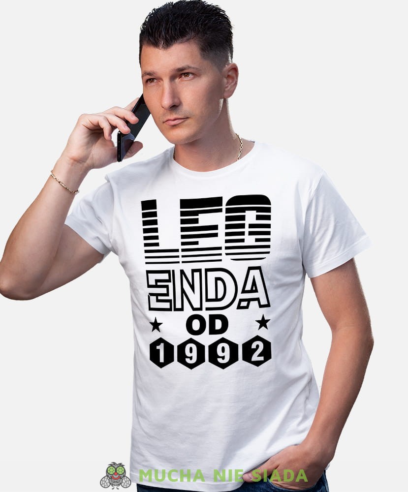 Legenda od Twój rok urodzenia, biała męska koszulka urodzinowa, na urodziny, na prezent, fajna koszulka, dla chłopaka, dla męża, mucha nie siada, mns.jpg