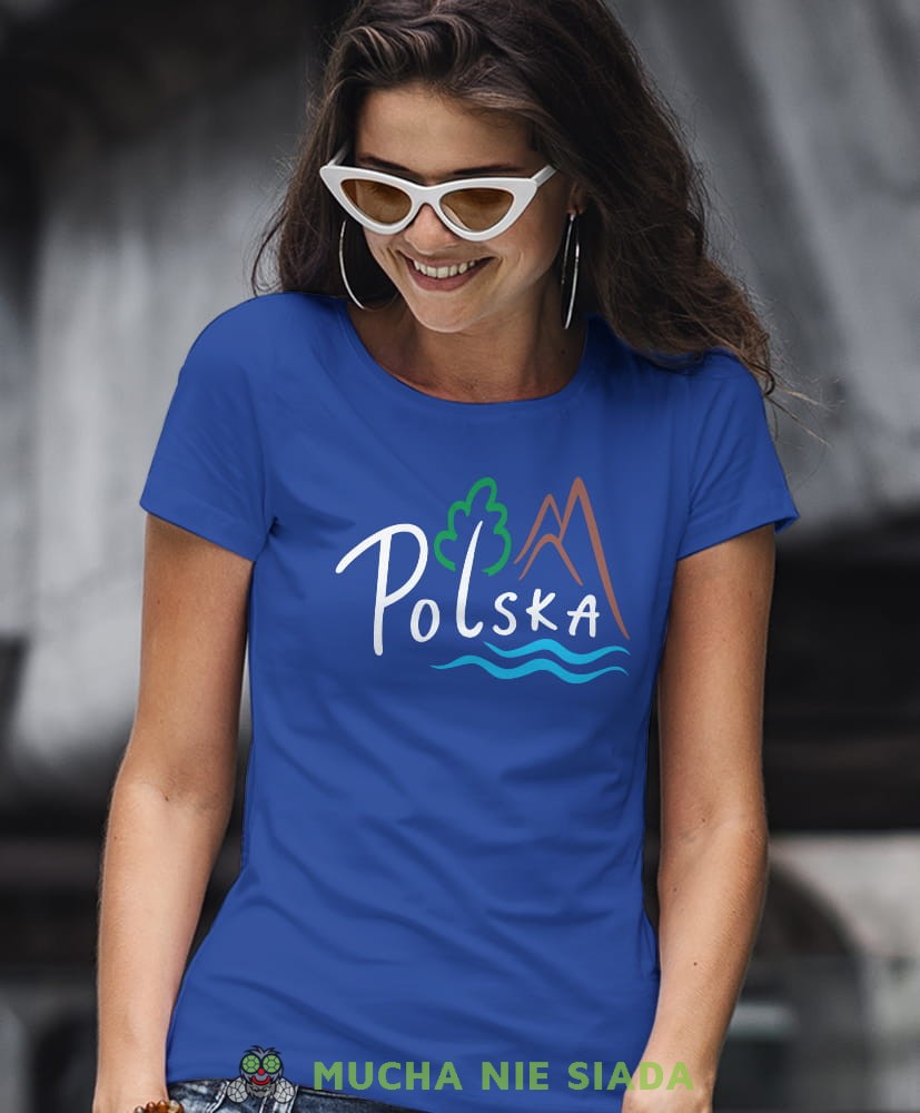 Polska lasy góry i mazury, niebieska damska koszulka z nadrukiem, koszulka patriotyczna, koszulki z grafiką patriotyczną, orzeł polski, dla kobiet, koszulka Polska, koszulki Polska.jpg