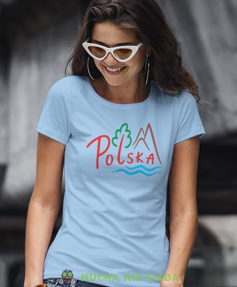 Polska lasy góry i mazury, jasnoniebieska damska koszulka z nadrukiem, koszulka patriotyczna, koszulki z grafiką patriotyczną, orzeł polski, dla kobiet, koszulka Polska, koszulki Polska.jpg