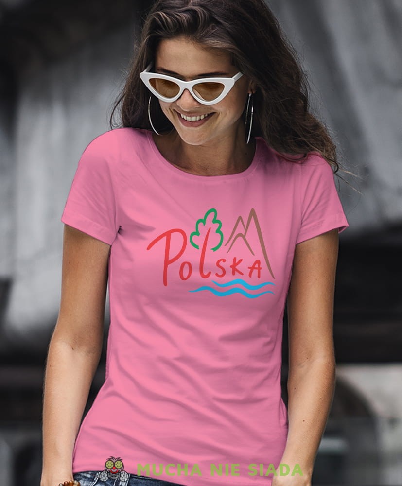 Polska lasy góry i mazury, różowa damska koszulka z nadrukiem, koszulka patriotyczna, koszulki z grafiką patriotyczną, orzeł polski, dla kobiet, koszulka Polska, koszulki Polska.jpg