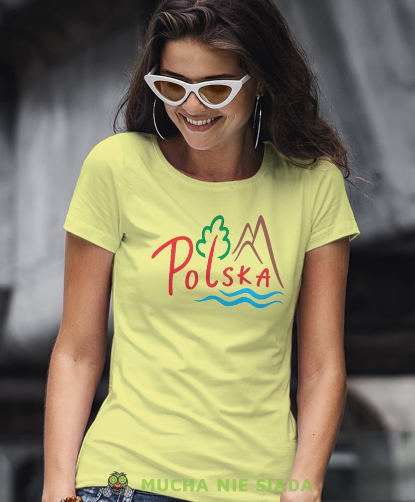 Polska lasy góry i mazury, żółta damska koszulka z nadrukiem, koszulka patriotyczna, koszulki z grafiką patriotyczną, orzeł polski, dla kobiet, koszulka Polska, koszulki Polska.jpg
