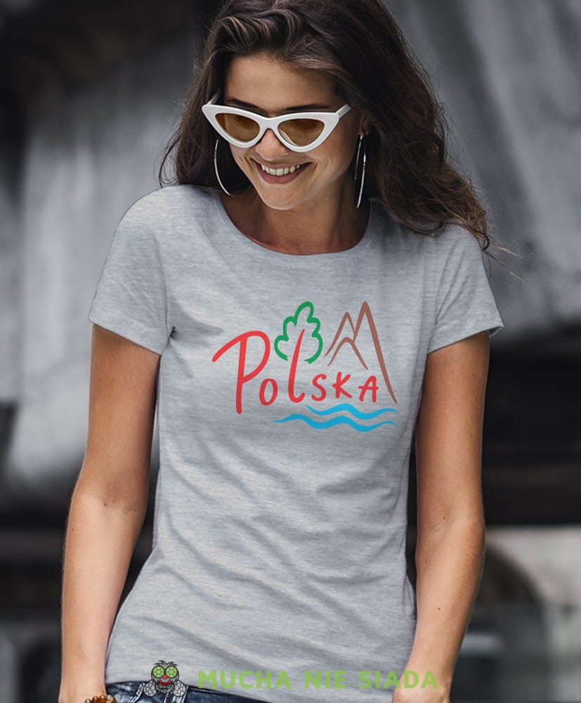 Polska lasy góry i mazury, szara damska koszulka z nadrukiem, koszulka patriotyczna, koszulki z grafiką patriotyczną, orzeł polski, dla kobiet, koszulka Polska, koszulki Polska.jpg