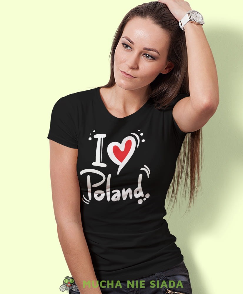 I love Poland, czarna damska koszulka z nadrukiem, koszulka patriotyczna, koszulki z grafiką patriotyczną, orzeł polski, dla kobiet, koszulka Polska, koszulki Polska.jpg