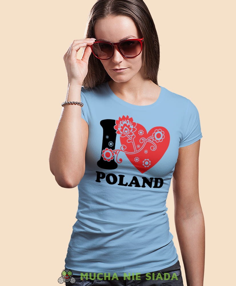 I love Poland folklor, jasnoniebieska damska koszulka z nadrukiem, koszulka patriotyczna, koszulki z grafiką patriotyczną, orzeł polski, dla kobiet, koszulka Polska, koszulki Polska.jpg